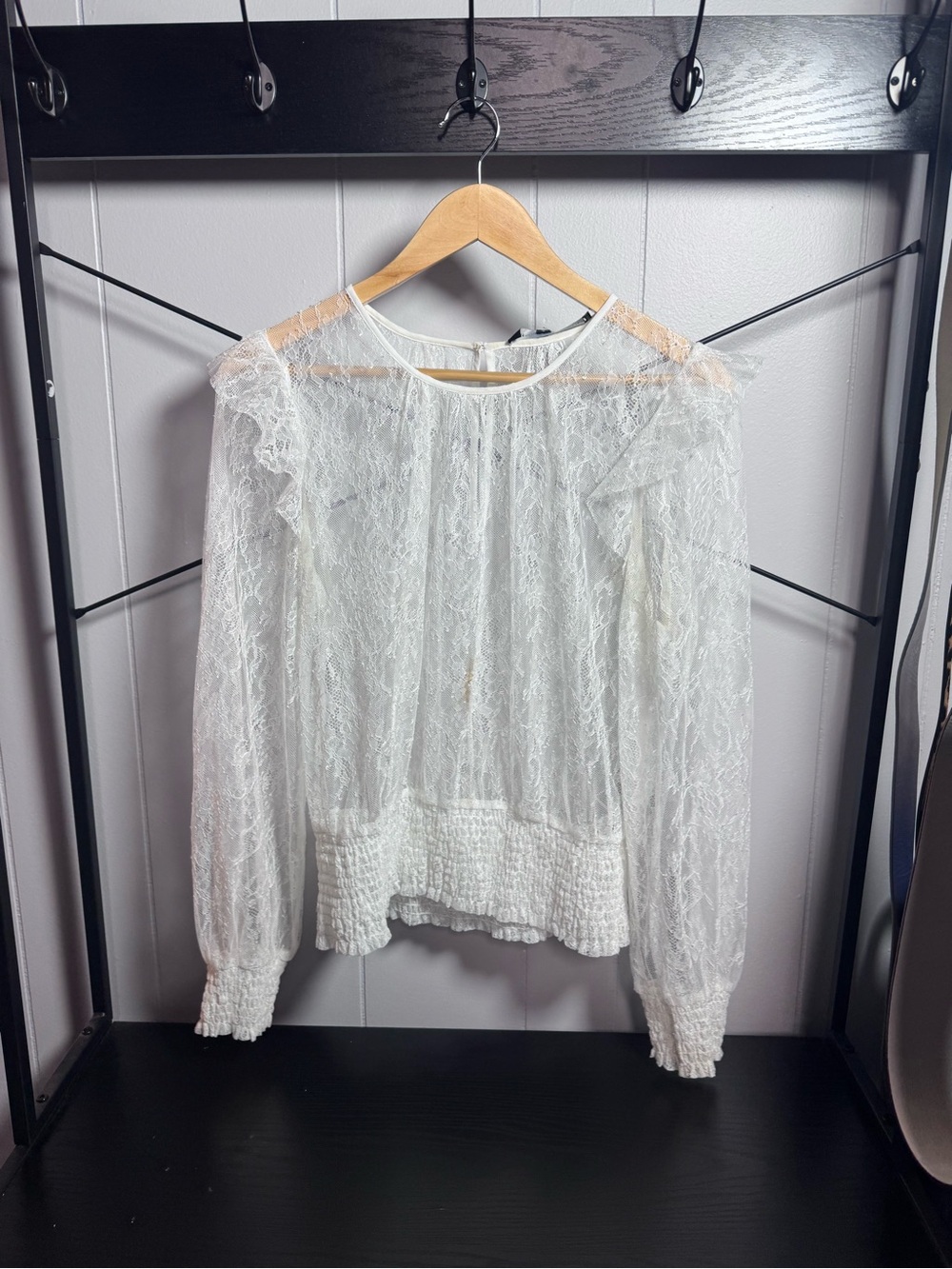 White House Black Market Ivory Lace Long Sleeve Smocked-Hem Blouse